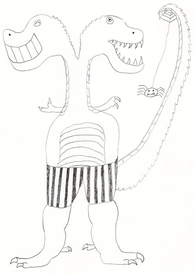 Doppelköpfiger Tyrannosaurus Rex in gestreifter Badehose